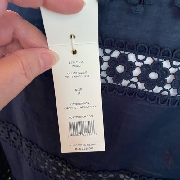 Tory Burch Navy Blue Crochet Lace Mini Dress, Cover Up, Long Sleeve, V-neck, Med - Picture 4 of 7